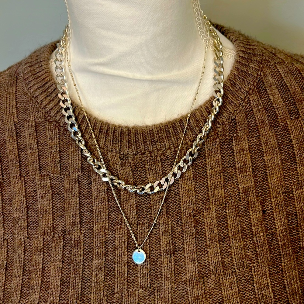 Double Layer Silver Chain Necklace with Silver Pendant